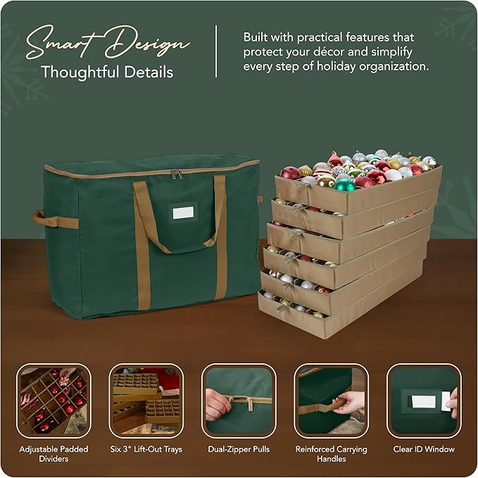 Covermates Keepsakes Adjustable Ornament Storage Bag – Heavy-Duty Polyester, Padded Dividers & FlexGrid Trays – Protective Holiday Ornament Organizer with Handles & Label Window, Green