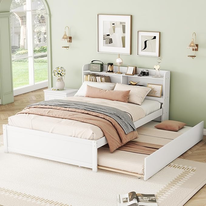 Harper & Bright Designs Full Size Captain Bed with Trundle and Bookcase Headboard, Wooden Full Platform Bed Frame with Storage Bookself, Trundle Bed Under for Kids Girls Boys, White