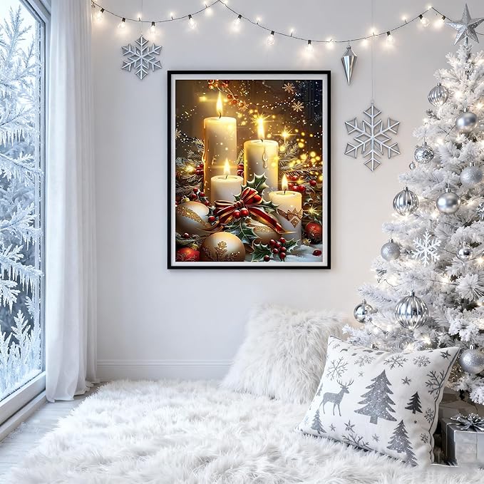 VIGEGU Christmas Diamond Painting Kits for Adults, Christmas Candles Diamond Art for Beginners, 5D Round Full Drill Winter Diamond Painting Gem Art Kits for Home Wall Decor 12x16 in