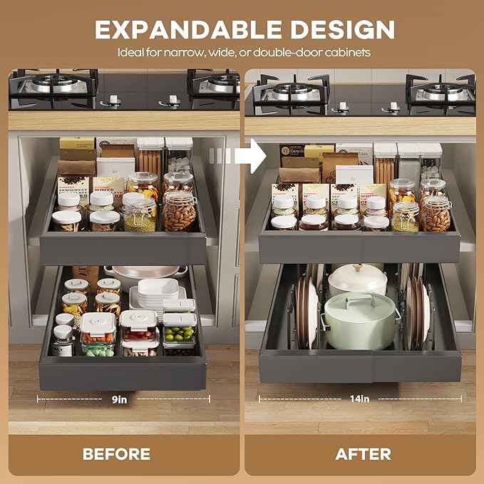 Seinloes 4 Pack Pull Out Cabinet Organizer 21" Deep with Raising Pad for Framed Cabinets, Expandable (9"-14" W) Slide Out Drawers for Kitchen Cabinets with 4pcs Divider Racks, Roll Out Shelves, Black