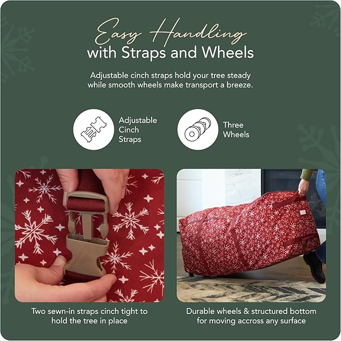 Covermates Keepsakes Christmas Tree Rolling Cinch Bag – Heavy-Duty Polyester Holiday Storage with Wheels, Reinforced Handles & Cinch Straps – Durable Christmas Tree Storage Solution, Red Snowflake