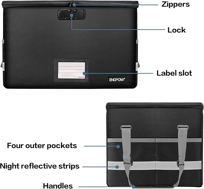 ENGPOW File Box with Lock,Fireproof Document Box with Zipper＆Pockets,Collapsible File Organizer Filing Storage Cabinet with Handle,Portable Home Office Safe for Hanging Letter/Legal Folder,Black