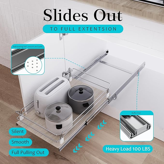 Pull Out Cabinet Organizer 20" W X 22" D, Slide Out Drawers For Kitchen Organizers and Storage, Pull Out Drawers For Cabinets Capacity Heavy Duty Caddy, Cabinet Shelves Wood Chrome, Pantry Storage