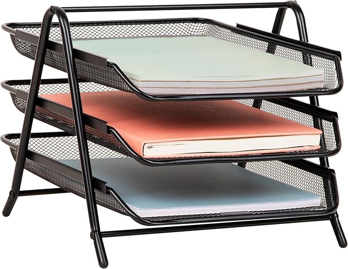 Mind Reader 3-Tier Paper Tray, Desktop Organizer, File Storage, Workspace, Office, Metal Mesh, 11.75"L x 13.75"W x 10"H, Black