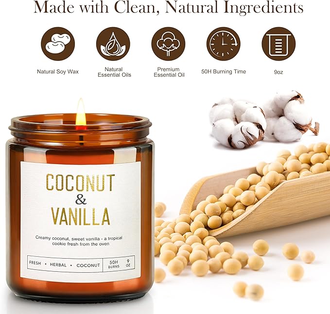 Coconut Vanilla Candles - 9 oz Natural Soy Candles for Home Scented, Long Lasting Soy Wax Aromatherapy Candle Gift Set for Women Spa Relax Stress Relief & Meditation