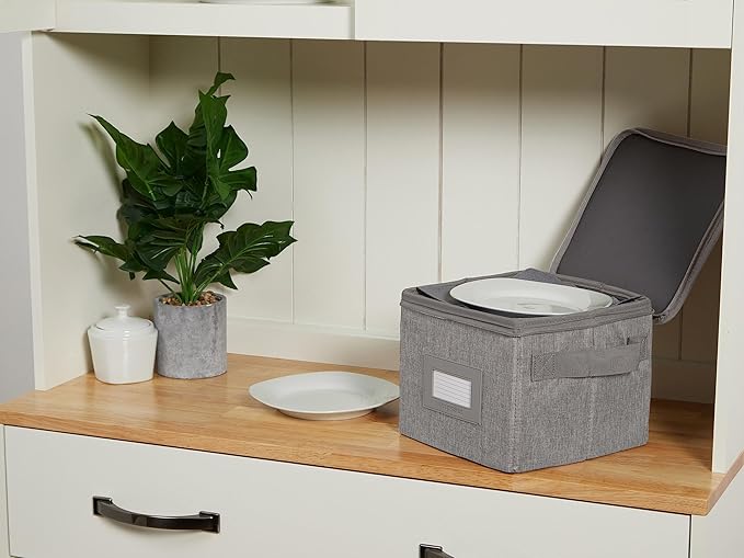 Covermates Dish Storage Box – China & Dinner Plate Storage Container with Dual Zippers, Reinforced Handles, ID Window & Stackable Structured Walls for Dishware Organization, Grey Heather