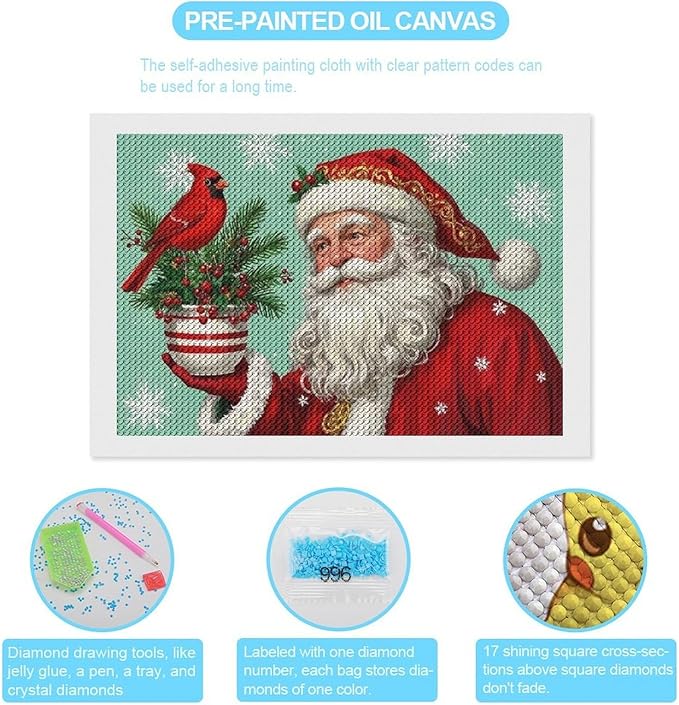 Diamond Painting Kits for Adults - Santa Claus & Red Bird Reindeer Christmas Berry Pine Cone Painting DIY 5D Full Drill Diamond Dots Paintings with Diamonds Gem Art And Crafts Home Decor 8"x12"