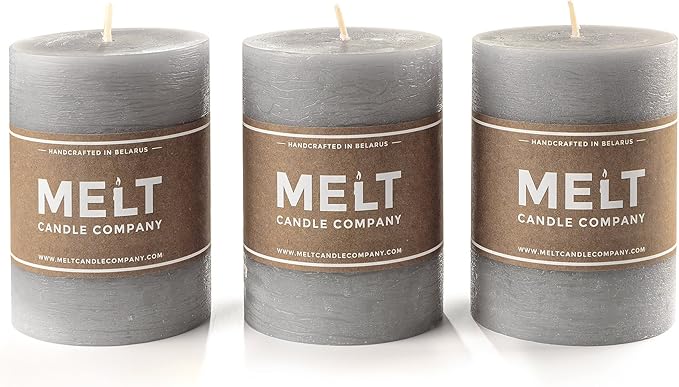 Melt Candle Company Set of 3 Pillar Candles 3" x 4" Unscented Handpoured Weddings, Home Decoration, Restaurants, Spa, Church Smokeless Cotton Wick - Grey