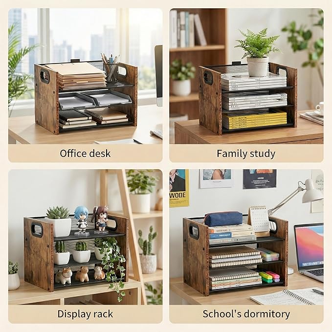 Desk Organizer - 3 Tier Wood & Metal Mesh Desktop Organizer for Office, Home, School, Workspace, Office Desk Organzier for Papers, Mail, Notebooks, Stationery
