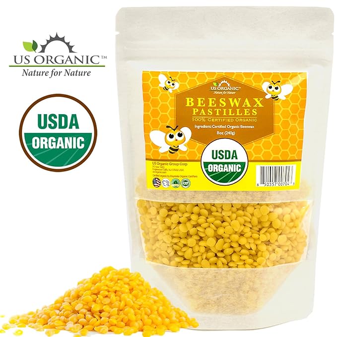 US Organic Beeswax 100% Pure Yellow Pastilles, USDA Certified, for DIY Candle, Lip Balm, Body Cream, Lotion, Deodorant, Crayon, and Many More uses. 8 oz (Medium)