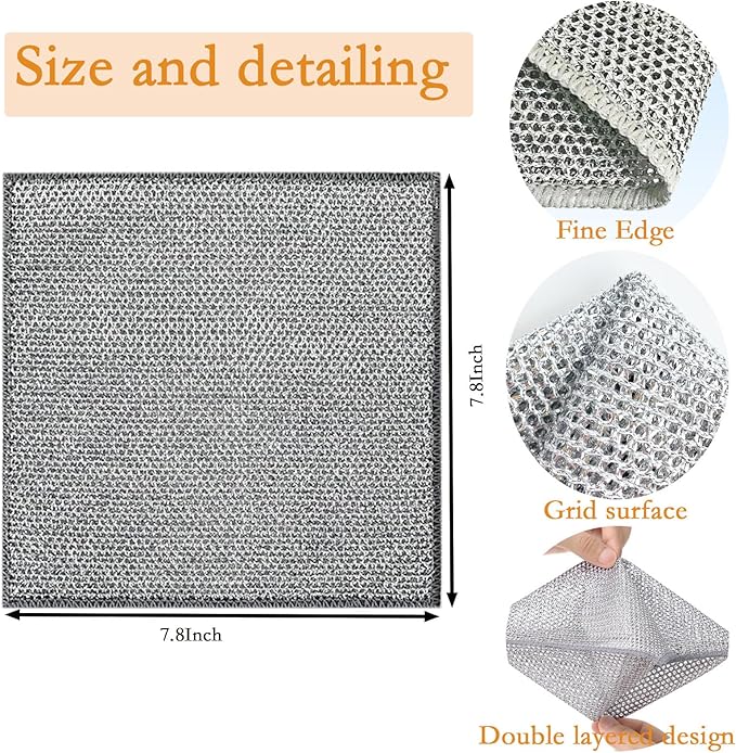 10-Pack Double-Layer Dry/Wet Dual-Use Metal Wire Non-Scratch Cloth Multi-Purpose Magic Cleaning Cloth Silver Wire Dish Cloth for Cookware, Tableware, Sink, Stove Cleaning, etc.(10PCS)