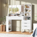 HAIOOU Fluted Vanity Desk with Mirror and Lights,48" Large Makeup Vanity Desk with Charging Station,Dressing Table with 4 Drawers & 3 Open Storage Shelves, Glass Top for Bedroom,White