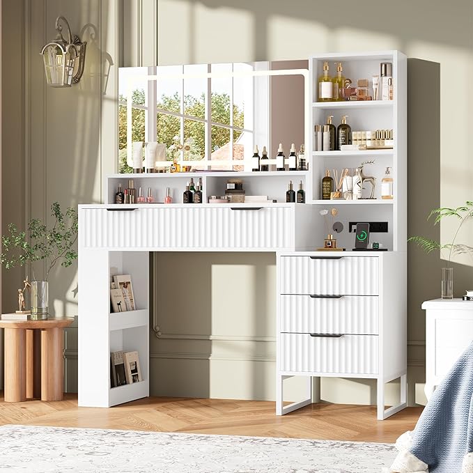 HAIOOU Fluted Vanity Desk with Mirror and Lights,48" Large Makeup Vanity Desk with Charging Station,Dressing Table with 4 Drawers & 3 Open Storage Shelves, Glass Top for Bedroom,White