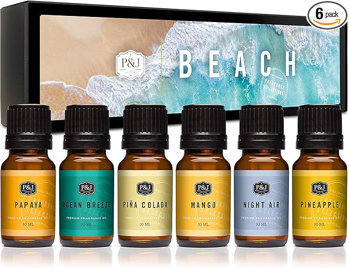P&J Trading Fragrance Oil Beach Set | Ocean Breeze, Papaya, Pina Colada, Mango, Pineapple, and Night Air Candle Scents for Candle Making, Freshie Scent, Soap Making Supplies, Diffuser Oil Scents