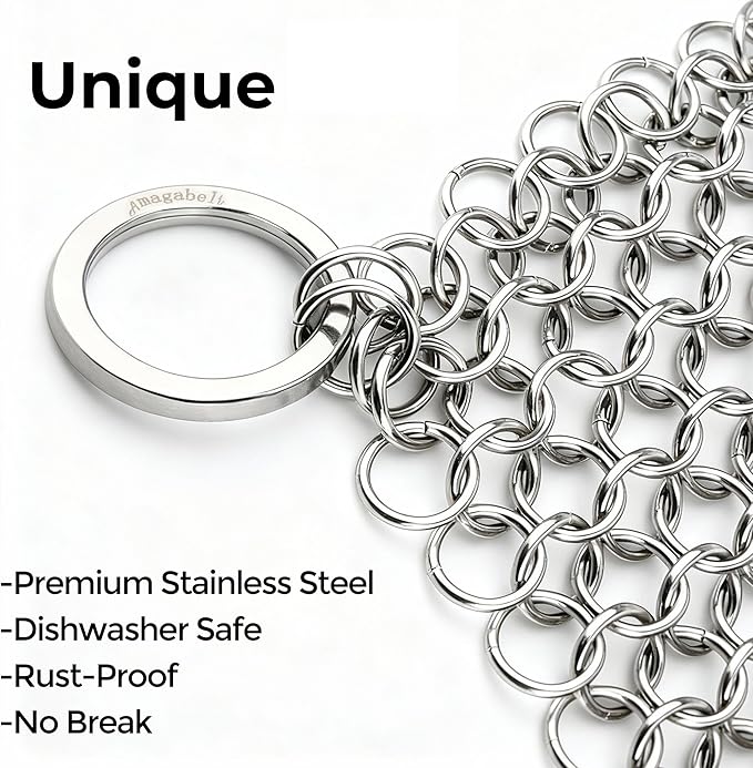 Amagabeli Cast Iron Cleaner 8"x6" Premium Stainless Steel Chainmail Scrubber Cast Iron Skillet Cleaner for Pan Pot Wok Griddles BBQ Grills Cast Iron Cleaning