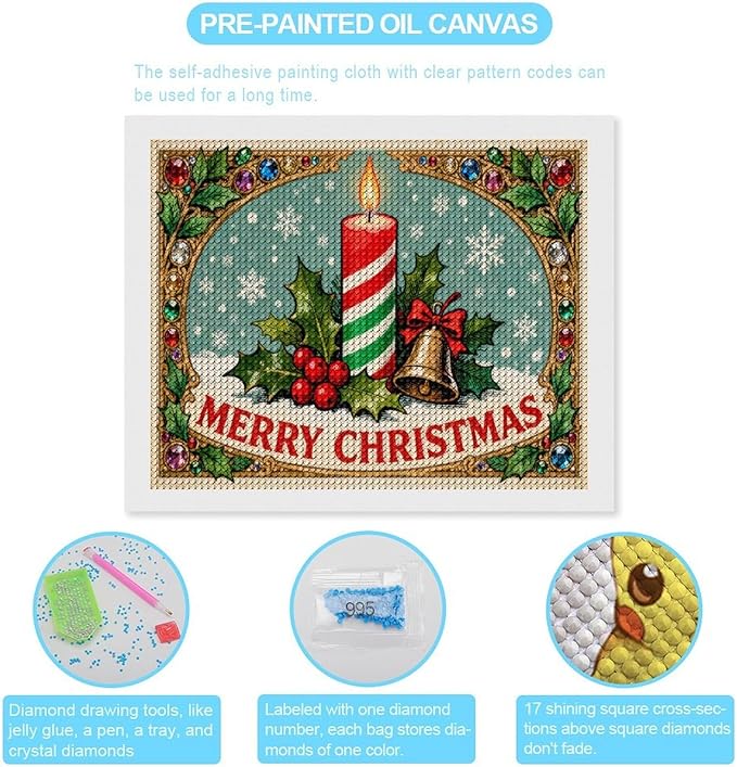 AIVKIEJK Diamond Painting Kits for Adults - Merry Christmas Candle & Holly Accents Painting DIY 5D Full Drill Diamond Dots Paintings with Diamonds Gem Art and Crafts Home Decor 16"x20"