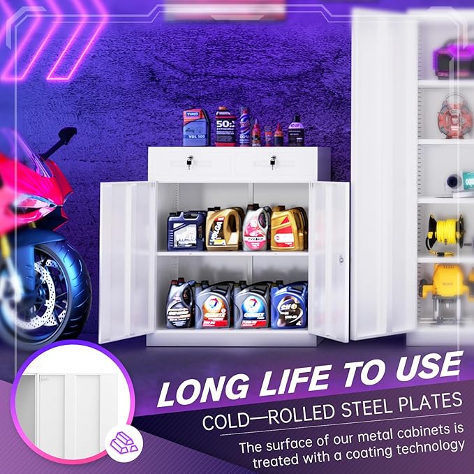 Superday Lockable Storage Cabinet with 2 Drawers, 36" Metal Storage Cabinets with Locking Doors and Adjustable Shelves, White Metal Locking Cabinet for Home Office Garage School