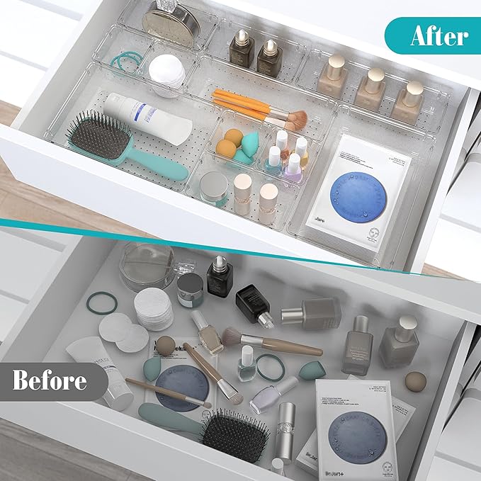 StorMiracle 23 PCS Clear Plastic Drawer Organizers Set, 4 Size Desk Drawer Organizer Trays for Makeup, Jewelry, Kitchen Utensils, Gadgets and Office Accessories