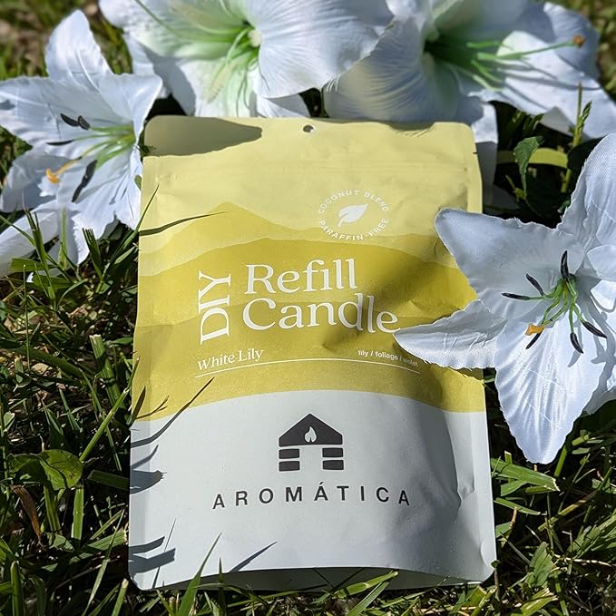 Bluecorn Aromática White Lily Scented Candle Refill Kit – Blooming Lilies, Foliage & Violet | Clean-Burning Coconut Wax | Non-Toxic Fragrance | 100% Compostable Pouch | DIY Candle Refill | Made in USA