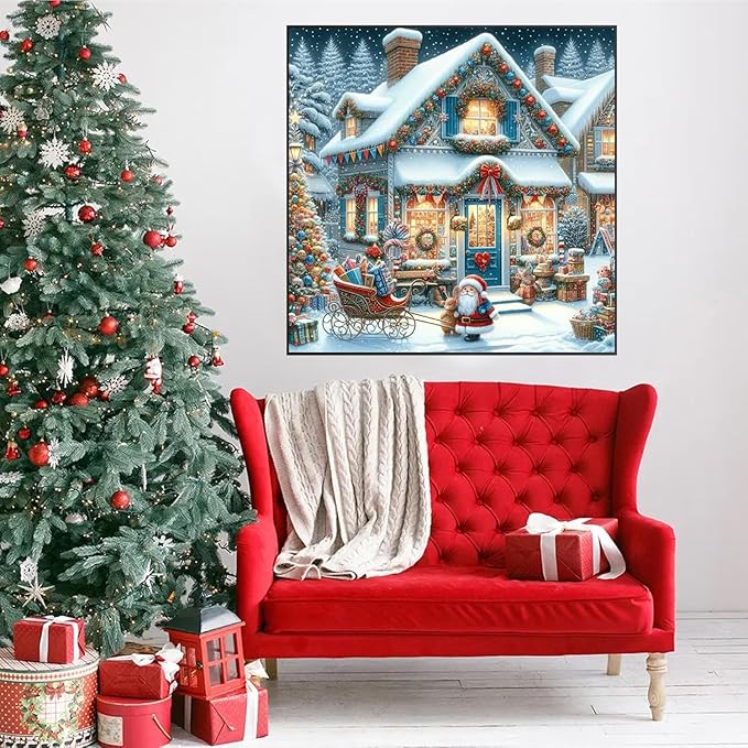 Accompany Wind Christmas Diamond Art Kits for Adults, Winter Christmas House Diamond Painting Kits, 5D Round Drill Diamonds Gem Art Crafts for Home Wall Decor Gifts 14x14 Inch