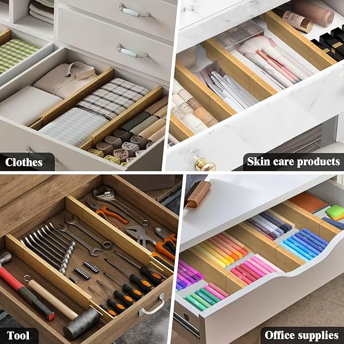 Bamboo Drawer Dividers,12-21" Adjustable Drawer Organizers for Clothes,Expandable Dresser Separators in Kitchen/Bedroom/Bathroom/Vanity/Office Organization and Storage,5-Pack