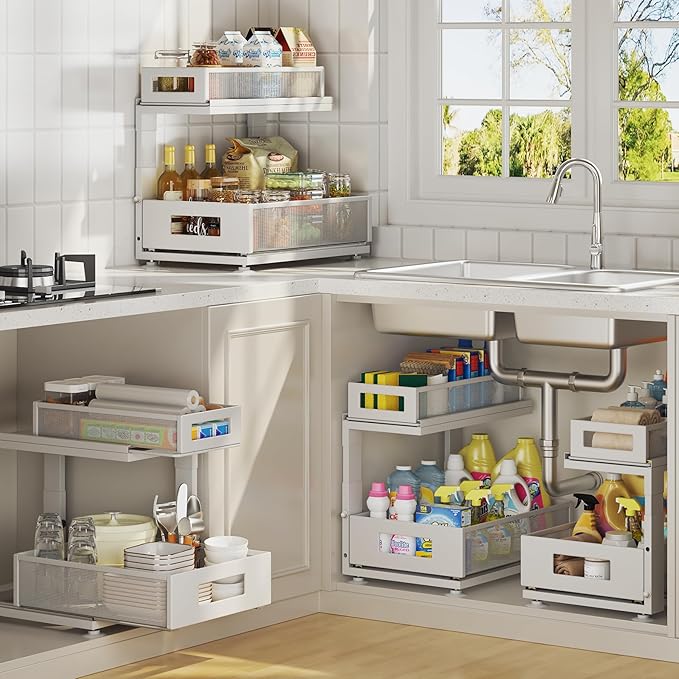 2 Pack Under Sink Organizer with Next-Gen Ball-Bearing Slides,2-Tier Pull Out Cabinet Storage,Height Adjustable Drawer Shelf for Bathroom,Kitchen,Laundry,Cabinet,Pantry(Patent Pending)