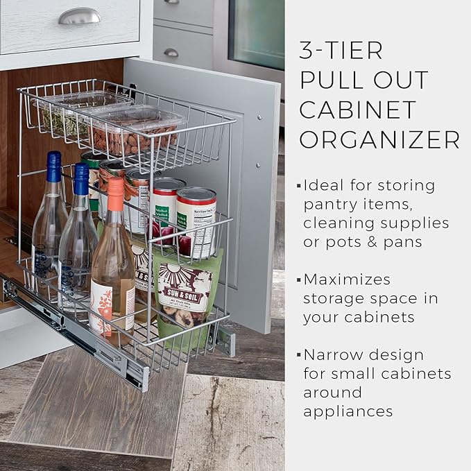 ClosetMaid 32105 Premium Wide 3-Tier Compact Kitchen Cabinet Pull-Out Basket, 8.75-Inch