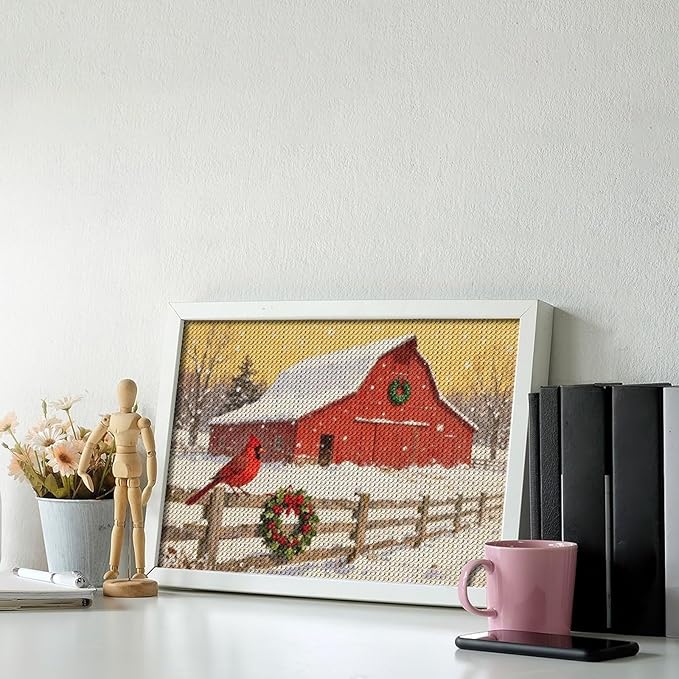 AIVKIEJK Diamond Painting Kits for Adults - Christmas Winter Cardinal, Red Barn Scene Painting DIY 5D Full Drill Diamond Dots Paintings with Diamonds Gem Art and Crafts Home Decor 8"x12"