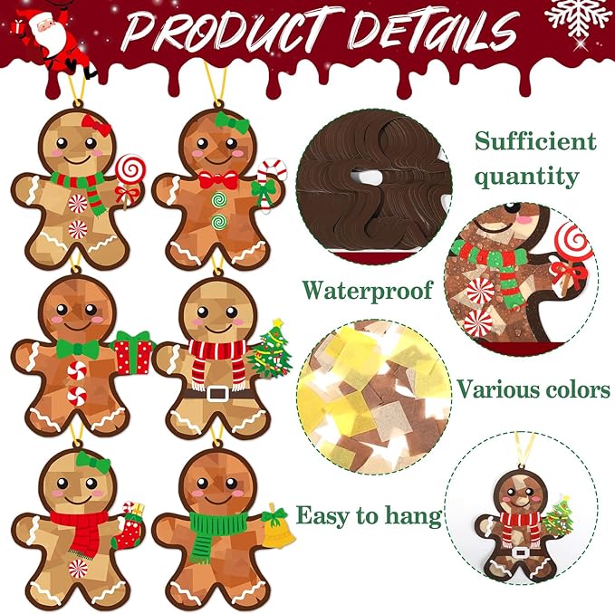 Qyeahkj 36 Set Christmas Gingerbread Suncatchers Crafts for DIY Winter Gingerbread Man Window Tissue Paper Craft Kit Hanging Decor for Xmas Holiday Home Activity Art Project Birthday Party Favor