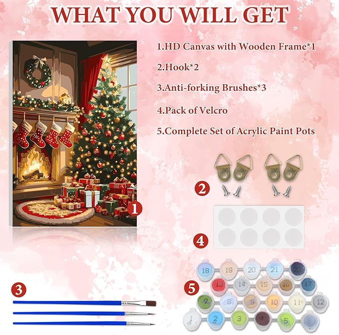 NAIMOER Christmas Tree Fireplace Paint by Numbers Kits for Adults Beginner with Wooden Framed, Color by Numbers on Canvas Painting Kits, Easy Paint DIY Acrylic for Home Wall Decor 8X12 Inch