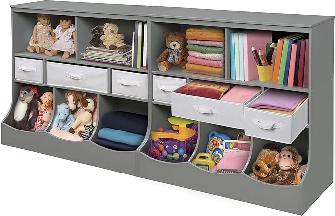 Badger Basket Combo Toy Storage Organizer and Bookshelf - Kids Storage Unit with 3 Removable Baskets, Open Shelves, Top Display Surface - Gray Cloud