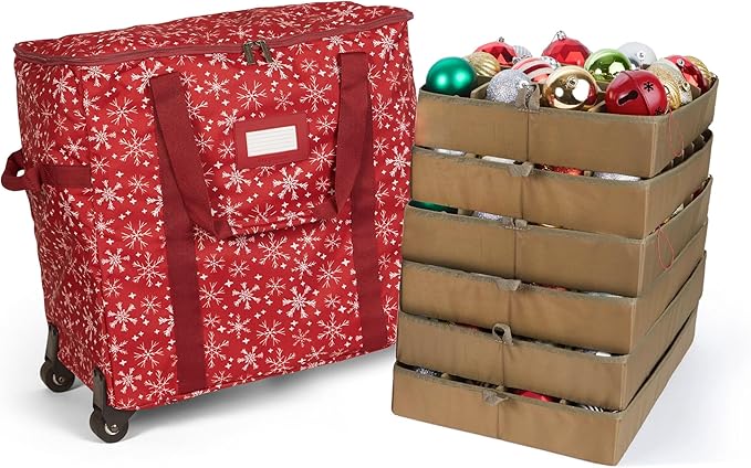 Covermates Keepsakes Rolling Adjustable Ornament Storage Bag – Heavy-Duty Polyester, FlexGrid Trays & Padded Dividers – Protective Holiday Organizer with Wheels, Handles & ID Window, Red Snowflake