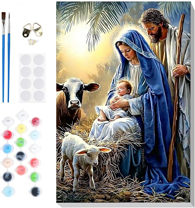 Bowetile Nativity Scene Paint by Numbers for Adults Beginners Framed, Adults' Paint-by-Number Christmas Kits on Canvas, Acrylic Number Painting Gifts for Home Wall Decor, 8x12in