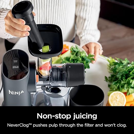 Ninja NeverClog Cold Press Juicer | Powerful Electric Slow Masticating Juicer with Pulp Control | XL Capacity | 24 oz. Juice Jug & 36 oz. Pulp Container | Dishwasher Safe | Charcoal | 150W | JC151
