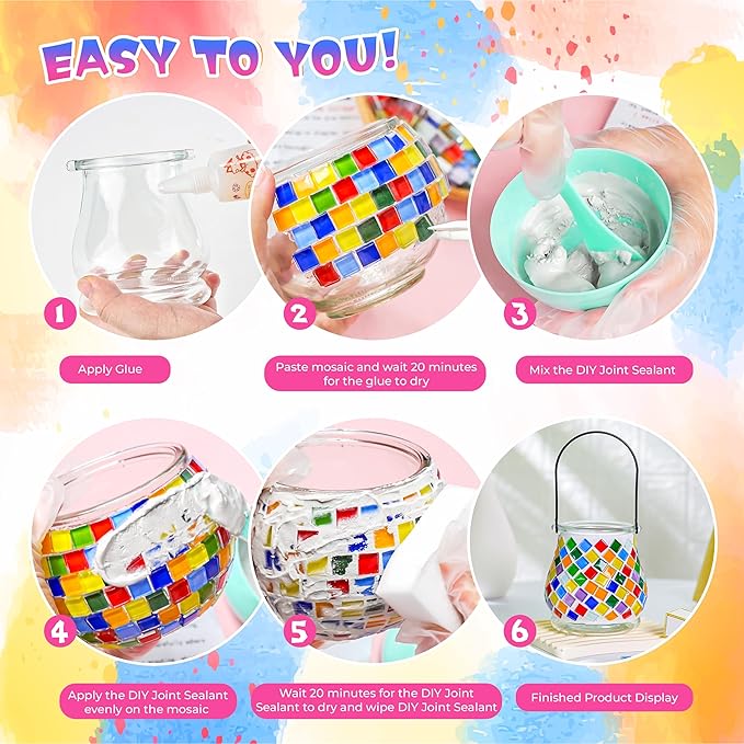 Joyclub DIY Mosaic Candle Holder Kit Mosaic Kits for Adults Stained Glass Tealight Candle Holder with Handle for Home Lighting Decor Girls Birthday Craft Gifts