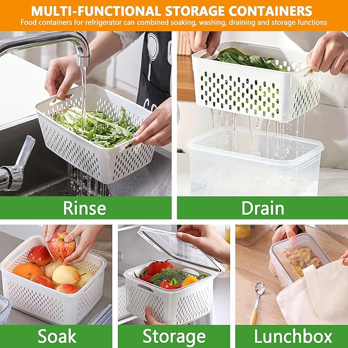 5 PCS Fruit Storage Containers for Fridge, Leakproof Food Storage Containers with Removable Colander, Dishwasher & Microwave Safe, Produce Saver Container Keep Berry Fruit Vegetable Fresh Longer