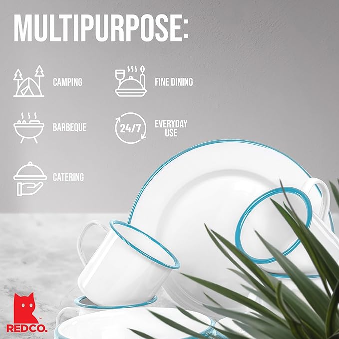 Red Co. 16-Piece Enamelware Metal Dinnerware Set for 4, Solid White/Teal Rim