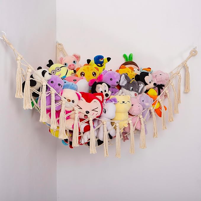 YKBU Stuffed Animals Hammock Corner Hanging Net with Wooden Beads Macrame Stuffed Animal Storage Ideas Plush Holder Toy Organizer for Boho Nursery Playroom Bedroom Kids Room Decor (cream, X-Large)