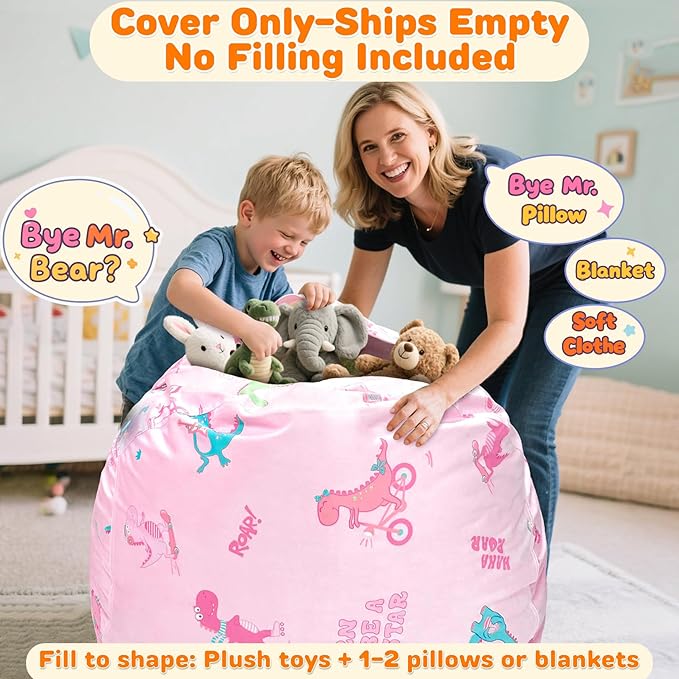 Lukeight Dinosaur Stuffed Animals Storage Bean Bag Chair Cover Only (Ships Empty, No Filling) - Velvet YKK Zipper Beanbag Cover for Kids Big kids, Washable Plush Toy Organizer, X-Large 30" D x 18" H