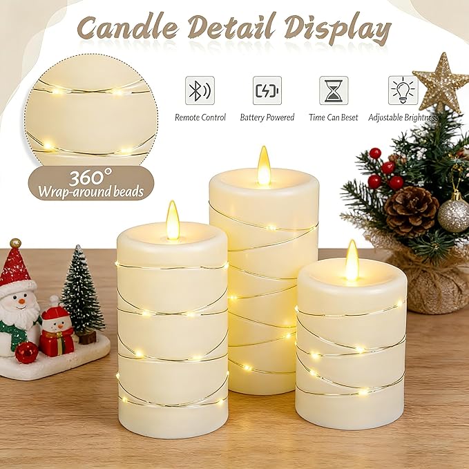 HaitanghuaFlickering flameless Candles, Battery-Powered, with String Lights, Remote Control, Timer, Realistic Plastic Pillar Candles, Ivory White, Set of 3,Durable and Long-Lasting