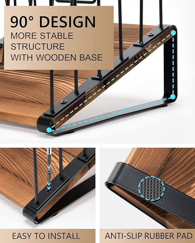 HULISEN 2 Pack Inclined Desk File Organizer, 5-Section Vertical File Folder Holder Stand, Metal File Sorter Rack with Wooden Base for Office Classroom Home Desktop Organization