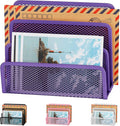 EASEPRES Desk Mail Organizer, Office Small Desktop Metal Mesh Envelope Letter Sorter Paper File Holder Organizer with 3 Vertical Upright Compartments, Purple 1 Pack