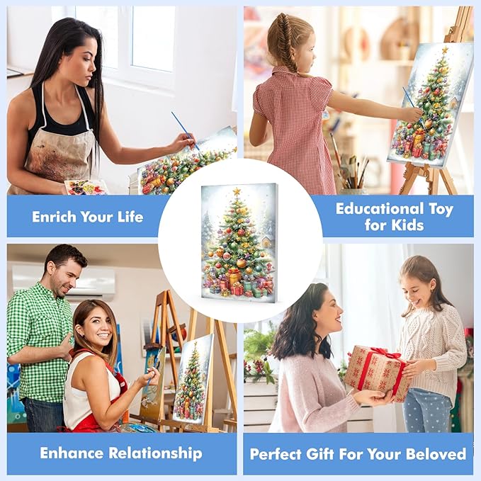 Bowetile Christmas Tree Paint by Numbers for Adults Beginners Framed, Adults' Paint-by-Number Christmas Kits on Canvas, Acrylic Number Painting Christmas Gifts for Home Decor, 8x12in