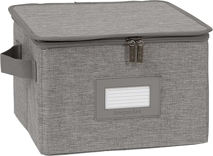 Covermates Dish Storage Box – China & Dinner Plate Storage Container with Dual Zippers, Reinforced Handles, ID Window & Stackable Structured Walls for Dishware Organization, Grey Heather