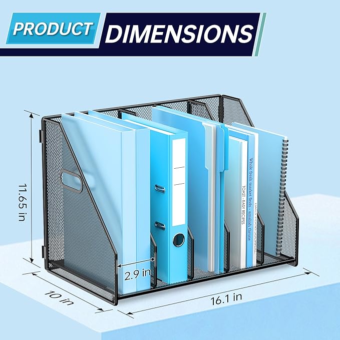 MINDEPOT Desk File Organizer Metal Desk Magazine Folder Holder with 5 Vertical Compartments Rack File Organizer for Office, Home, School, Black