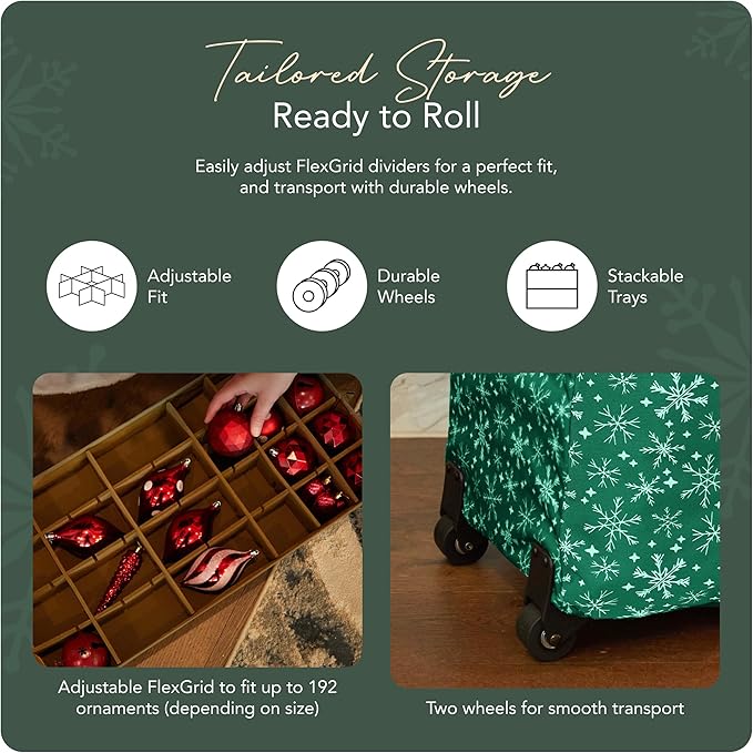 Covermates Keepsakes Rolling Adjustable Ornament Storage Bag – Heavy-Duty Polyester, FlexGrid Trays & Padded Dividers – Protective Holiday Organizer with Wheels, Handles & ID Window, Green Snowflake