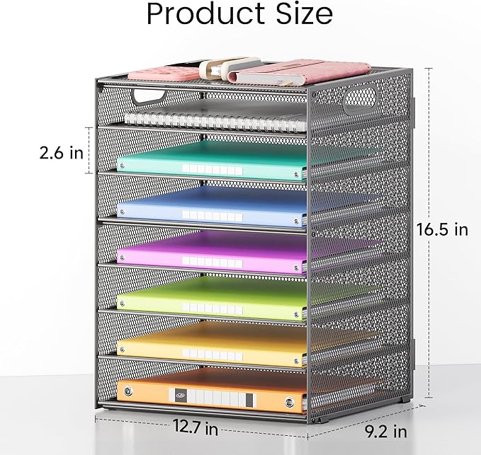 Lavatino 8-Tier Office Desk File Organizer, Letter Tray Paper Organizer with Handle, Including 5 Adjustable Slide Trays for Organizing Desktop Workspace Accessories and Supplies (Grey Metal Mesh)