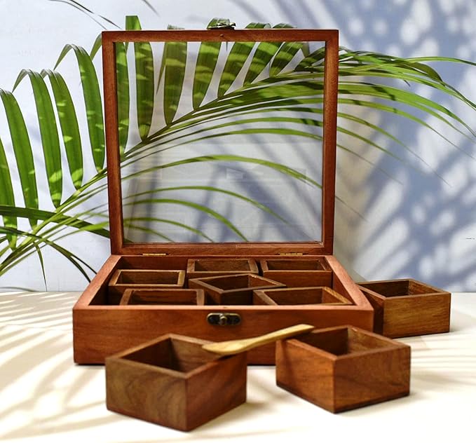 Wooden Spice Box with Glass Lid - Decorative Masala Dabba Organizer with Spoon, 9 Removable Compartments Spice Storage Container Ideal for Seasonings & Herbs Perfect for Gift (9x9 Inch)