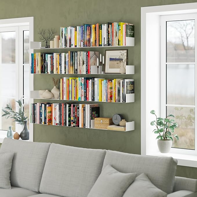 Wallniture Bali Sturdy Metal U Shape Bookshelf - Wall Mountable CD DVD Storage Multi-Purpose Display Rack in White