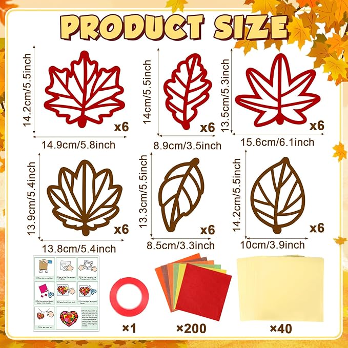 Qyeahkj 36 Set Fall Maple Leaves Suncatchers Crafts for DIY Autumn Window Tissue Paper Crafts Kit Thanksgiving Maple Hanging Decor for Fall Home Activity Art Project Birthday Party Favor Gift